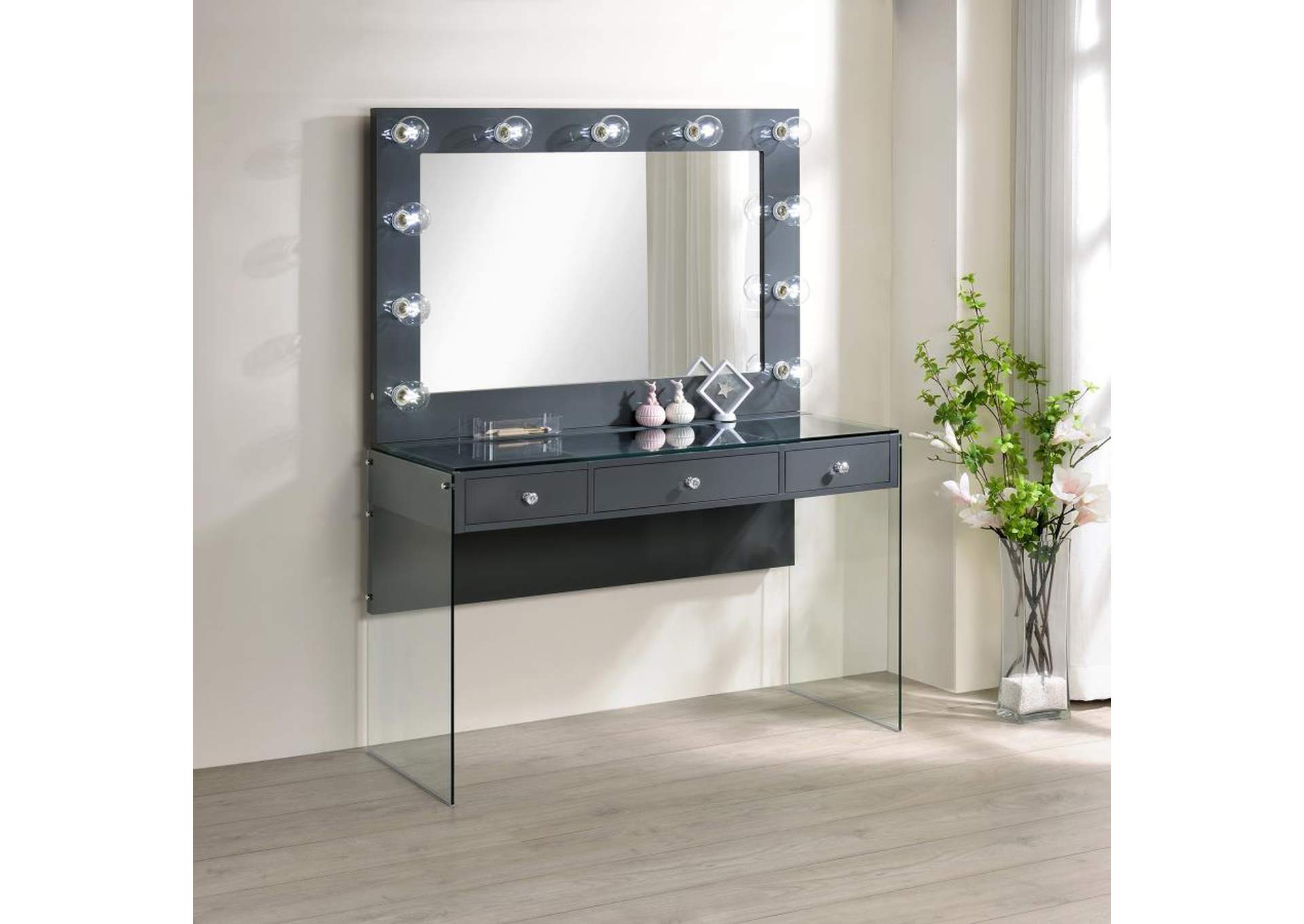 Afshan 3 - drawer Vanity Desk with Lighting Mirror Grey High Gloss,Coaster Furniture